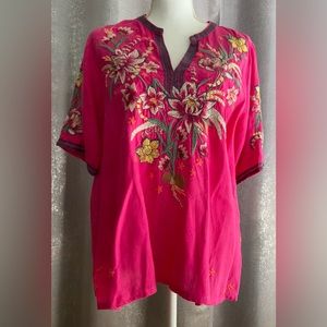 Johnny Was Linen Floral Embroidered V Neck Tunic Top  SZ M ~Preowned~